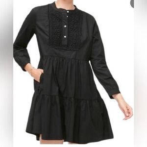 J. Crew, Embroidered Stretch Cotton Poplin Tiered Dress, Small in Black